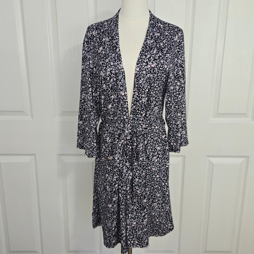 Laura Ashley Cardigan Robe Womens XL Navy Blue Ditsy Floral Open Front 1767-26
